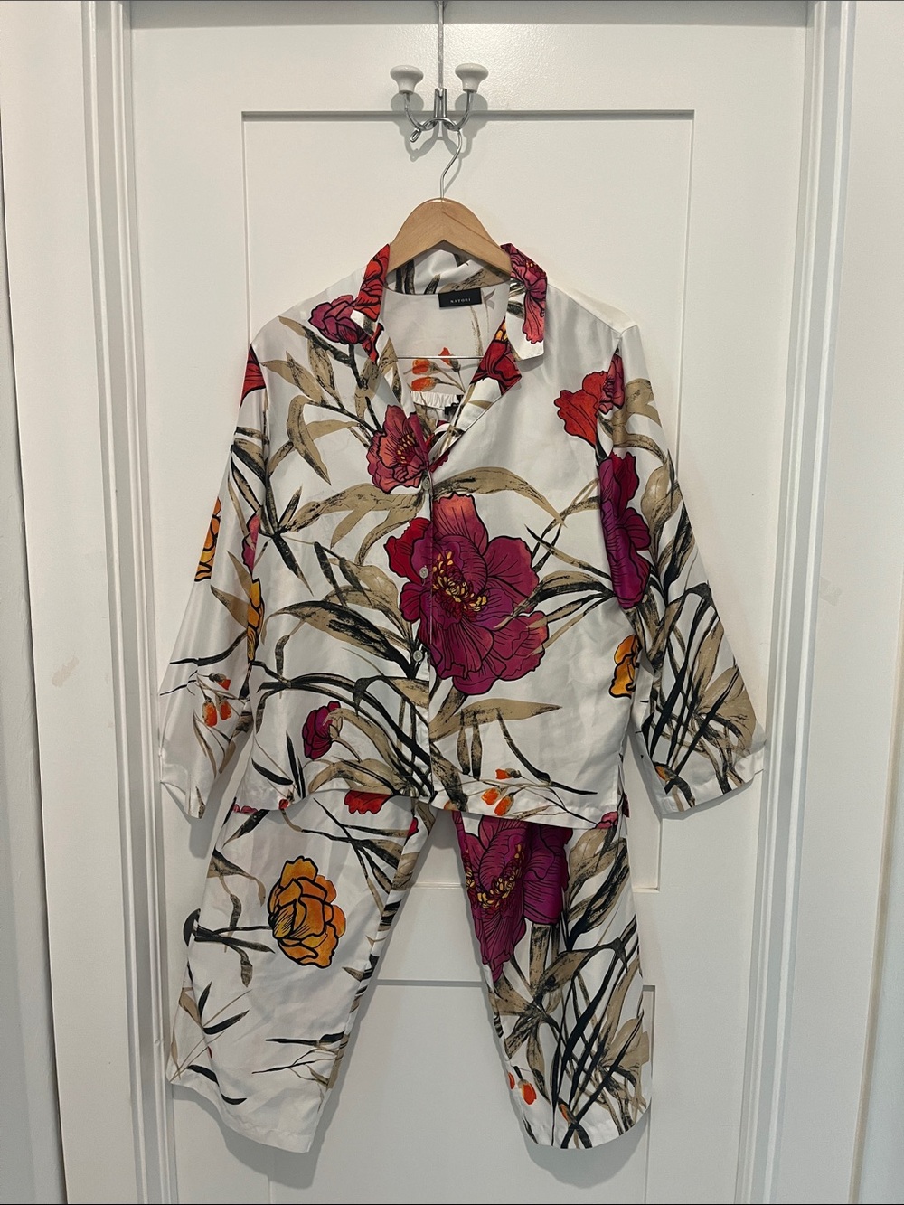 Natori White Pajama Set with Fuchsia & Mustard Floral Print